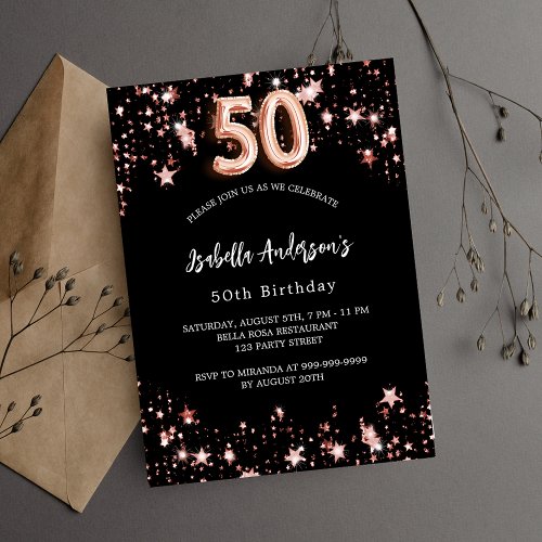 50th birthday black rose gold stars luxury invitation