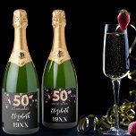 50th Birthday black rose gold stars Sparkling Wine Label<br><div class="desc">A classic black background decorated with rose gold stars. Personalize and add a date,  name and year of birth.  Age number written with a balloon style font.</div>
