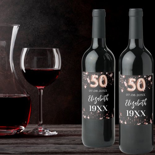 50th Birthday black rose gold stars Wine Label