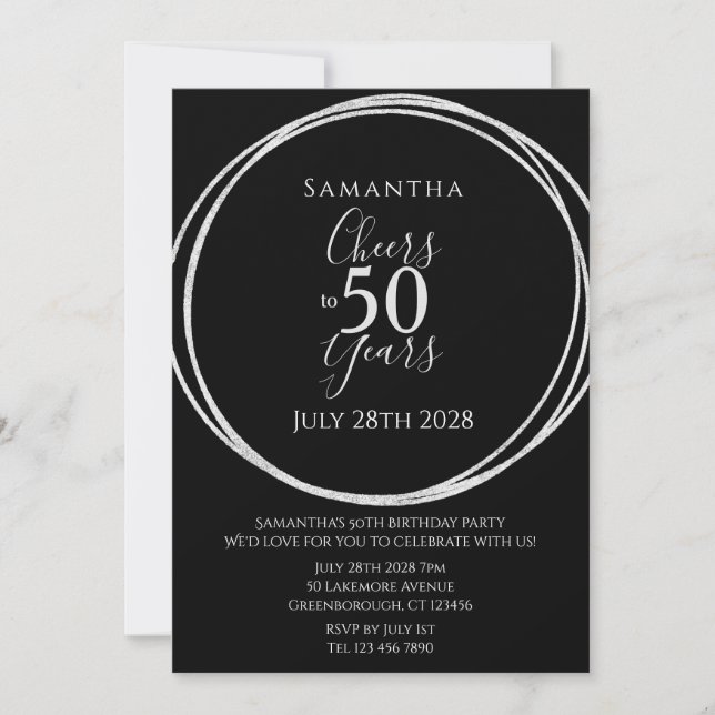 50th Birthday Black Silver Cheers to 50 Years Invitation (Front)