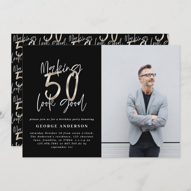 50th birthday black silver elegant modern (Front/Back)