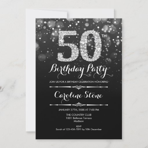 50th Birthday - Black Silver Invitation | Zazzle