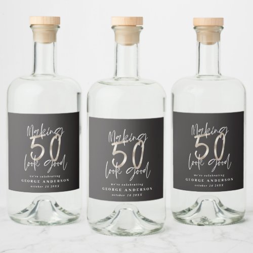 50th birthday black silver modern elegant wine lab liquor bottle label