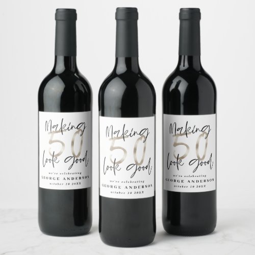 50th birthday black silver modern elegant wine lab wine label