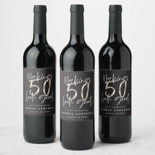 50th birthday black silver modern elegant wine label