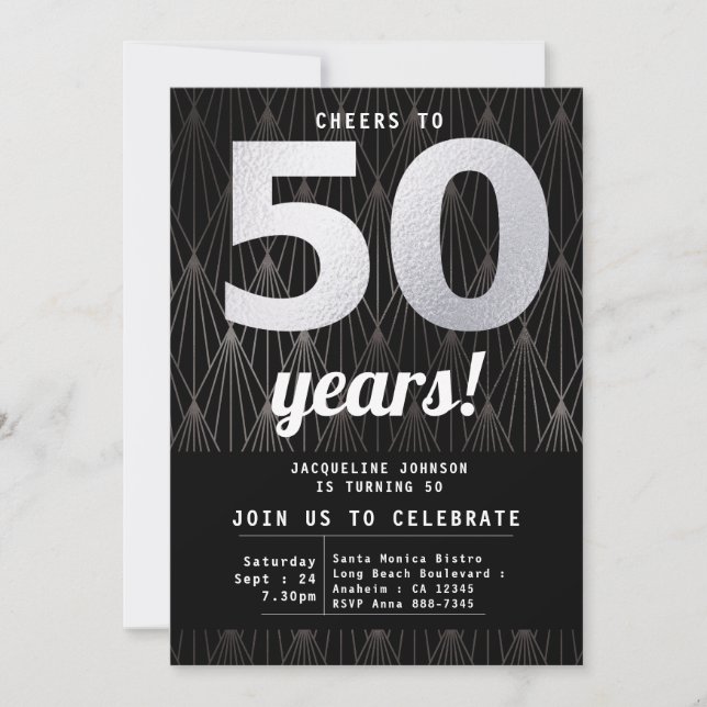 50th Birthday Black Silver Party Invitation (Front)