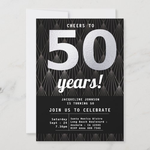 50th Birthday Black Silver Party Invitation
