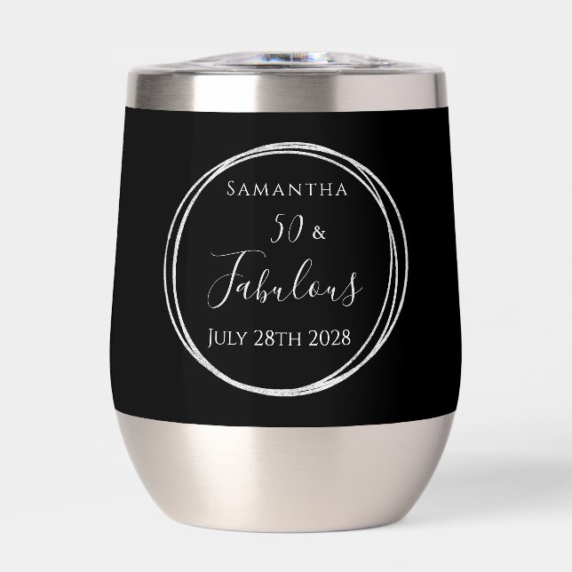 50th Birthday Black Silver Personalized Party Thermal Wine Tumbler (Front)