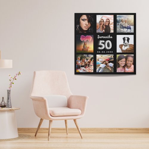 50th birthday black silver photo collage faux canvas print