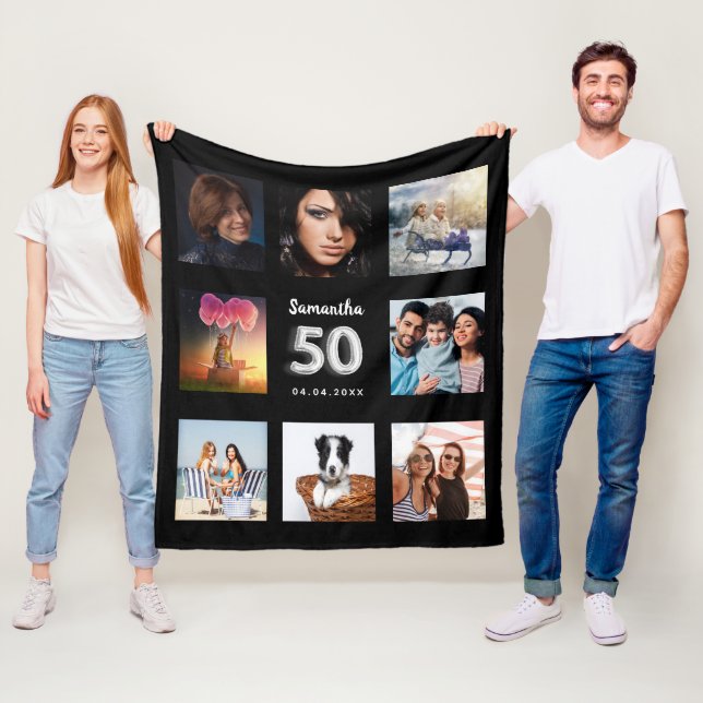 50th birthday black silver photo collage name fleece blanket (In Situ)