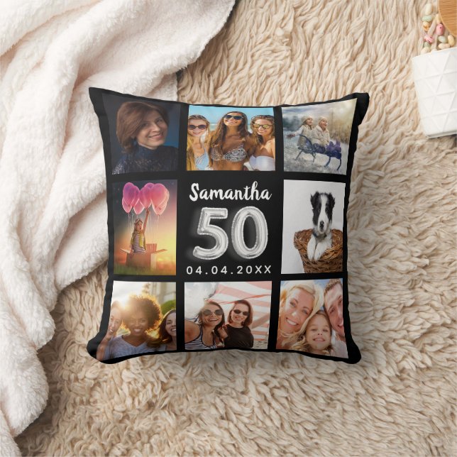 50th birthday black silver photo collage throw pillow (Blanket)