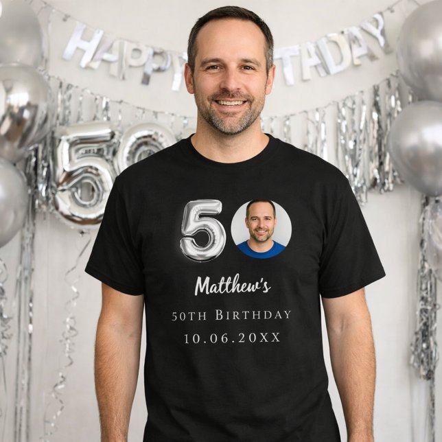 50th birthday black silver photo T-Shirt (Creator Uploaded)