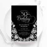 50th Birthday Black Silver Roses Invitation<br><div class="desc">Black silver elegant 50th birthday party invitation. Classy design featuring roses,  faux silver foil and typography script font. Trendy invite card perfect for a stylish female bday celebration. Personalize with your own details. Can be customized to any age. Printed Zazzle invitations or instant download digital printable template.</div>