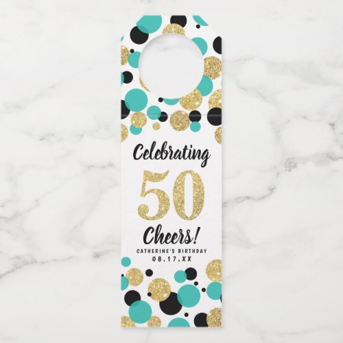 50th Birthday Black Teal Gold Glitter Confetti Bottle Hanger Tag