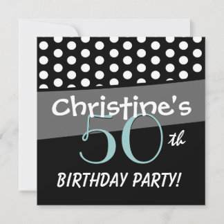 50th Birthday Black White Aqua Polka Dots Metallic Invitation