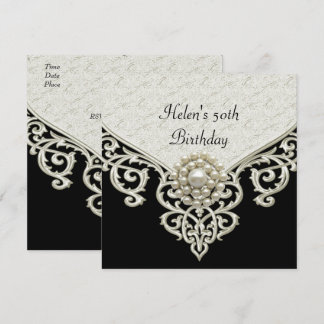 50th Birthday Black White Cream Pearl jewel Invitation