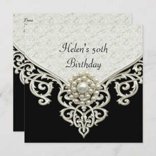 50th Birthday Black White Cream Pearl jewel Invitation