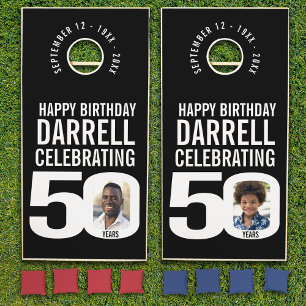 50th birthday black white custom now & then photos cornhole set