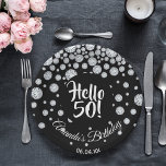 50th birthday black white diamonds glam name paper plates<br><div class="desc">An elegant and glamorous black and white paper plate for a 50th birthday party for a girl. A chic black colored background.  A black colored circle with modern hand lettered style text: Hello 50! Faux diamonds as decoration.  Template for a name and a date,  curved text.</div>