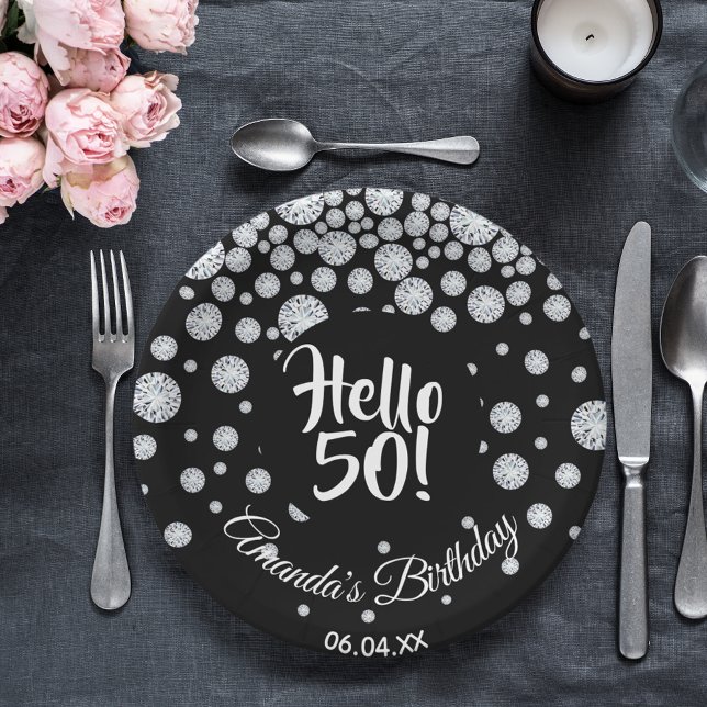 50th birthday black white diamonds name paper plates (Creator Uploaded)