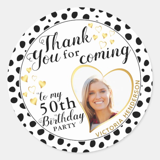 50th Birthday Black White Gold Favor Thank You Classic Round Sticker (Front)