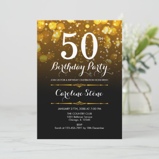 50th Birthday - Black White Gold Invitation | Zazzle