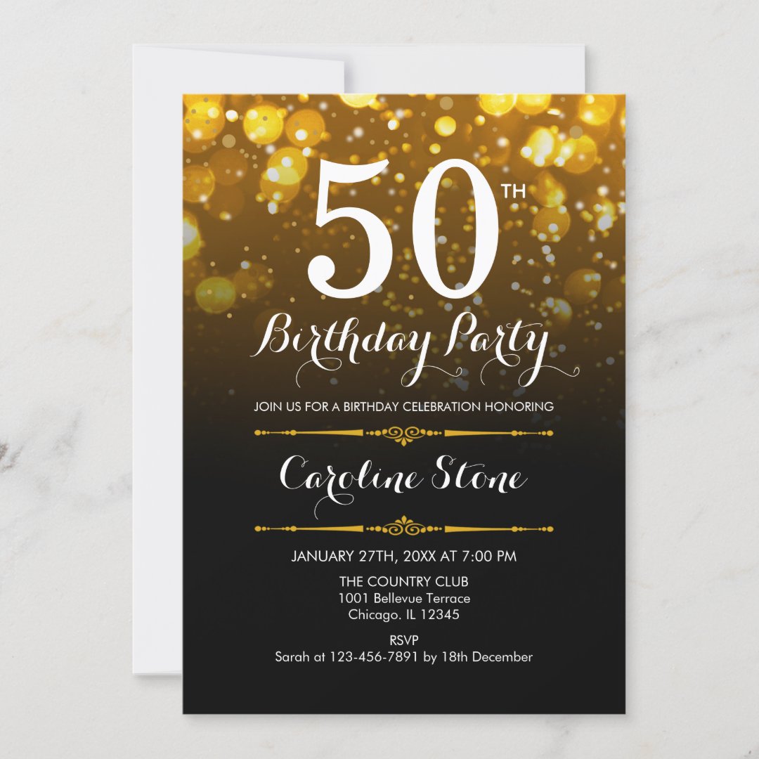 50th Birthday - Black White Gold Invitation | Zazzle