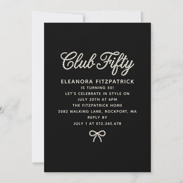 50th Birthday Black White Pearl Script Bow Invitation (Front)