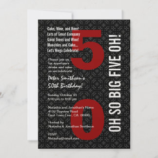 50th Birthday Black White Red BIG FIVE OH! W1489 Invitation