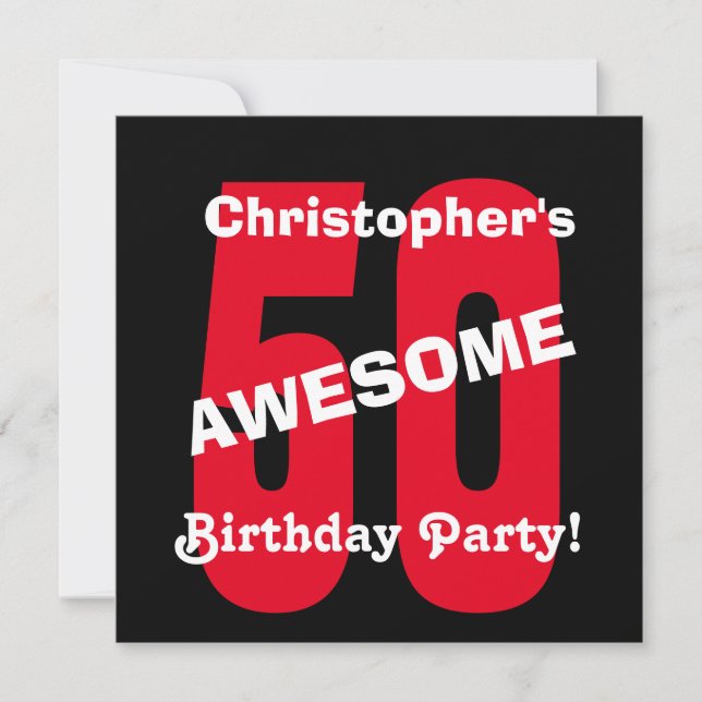 50th Birthday Black White Red Text Design A04 Invitation (Front)