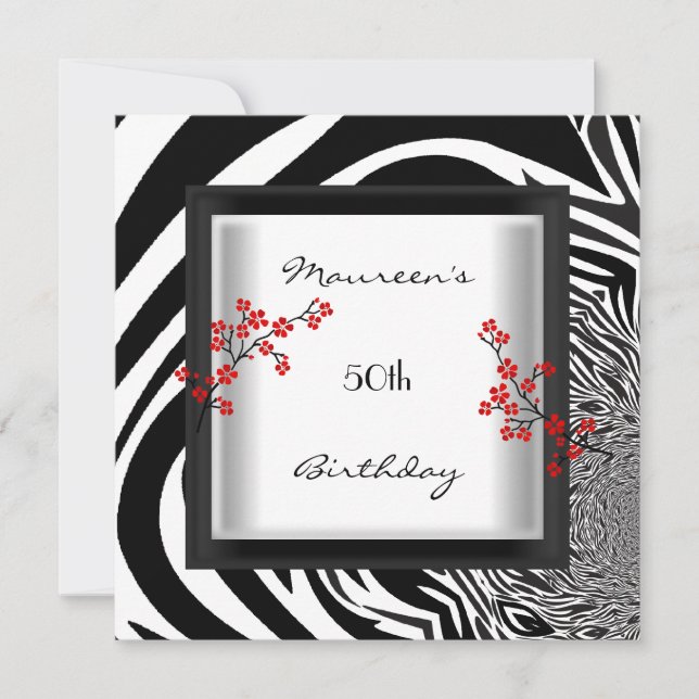 50th Birthday Black White Red Zebra Floral Asian Invitation (Front)