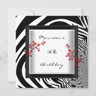 50th Birthday Black White Red Zebra Floral Asian Invitation