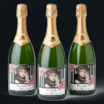 50th birthday black white stripes floral photo sparkling wine label<br><div class="desc">A label for a 50th birthday party. Classic slim black and white vertical stripes as background.  With girly and feminine Flowers,  pink roses and peonies as decoration.  
A frame on front with template for age 50,  name and dates. Template for your own vertical photo.</div>