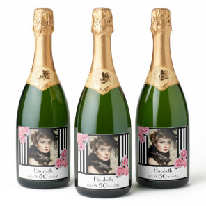 50th birthday black white stripes floral photo sparkling wine label