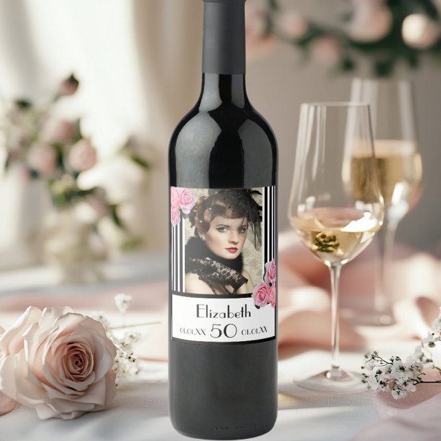 50th birthday black white stripes photo pink roses wine label (Creator Uploaded)