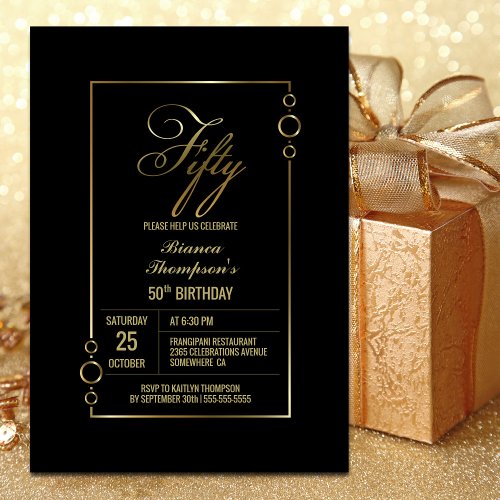 50th Birthday Black with Gold Frame Party Invitation