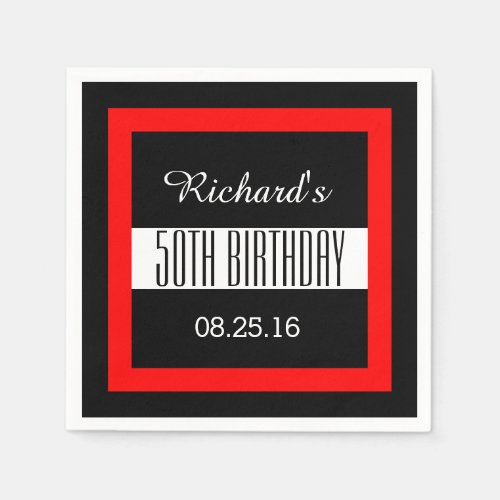 50th Birthday Black with Red Frame Geometric Z50 Napkins