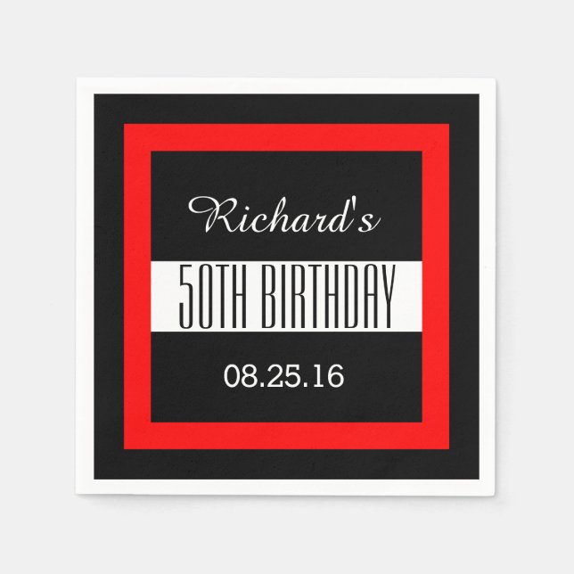 50th Birthday Black with Red Frame Geometric Z50 Napkins (Front)