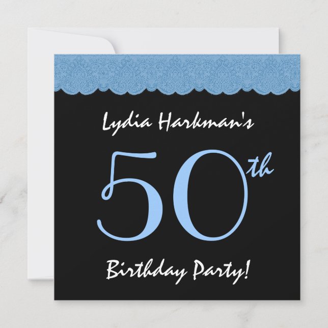 50th Birthday Blue and Black Lace V501 Invitation (Front)