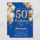 50th Birthday Blue and Gold Balloons Confetti Invitation (Front/Back)