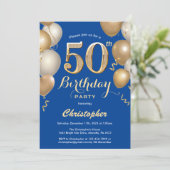 50th Birthday Blue and Gold Balloons Confetti Invitation (Standing Front)