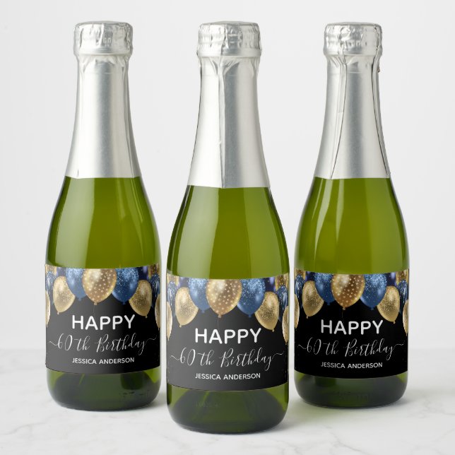 50th Birthday Blue and Gold Balloons  Sparkling Wi Wine Label (Bottles)