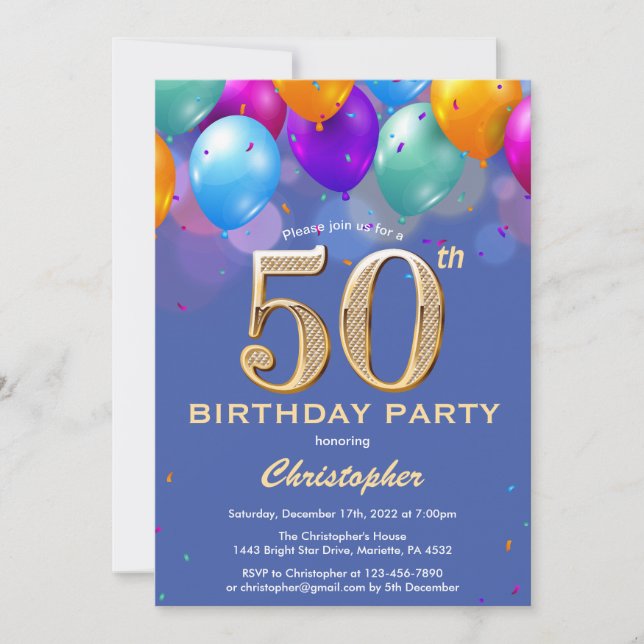 50th Birthday Blue and Gold Colorful Balloons Invitation (Front)