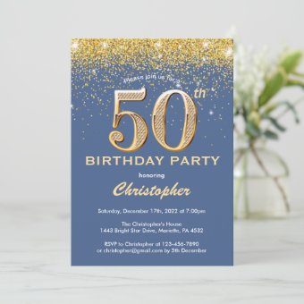 50th Birthday Blue and Gold Glitter Confetti Invitation | Zazzle