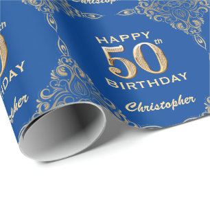 50th Birthday Blue and Gold Glitter Frame Wrapping Paper