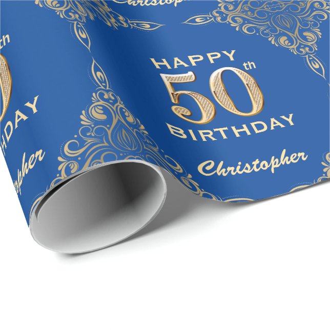 50th Birthday Blue and Gold Glitter Frame Wrapping Paper (Roll Corner)