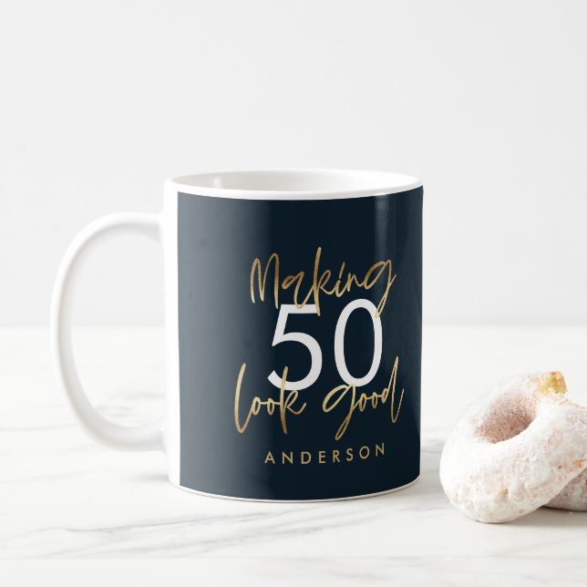 50th Birthday blue and gold simple elegant  Coffee Mug (With Donut)
