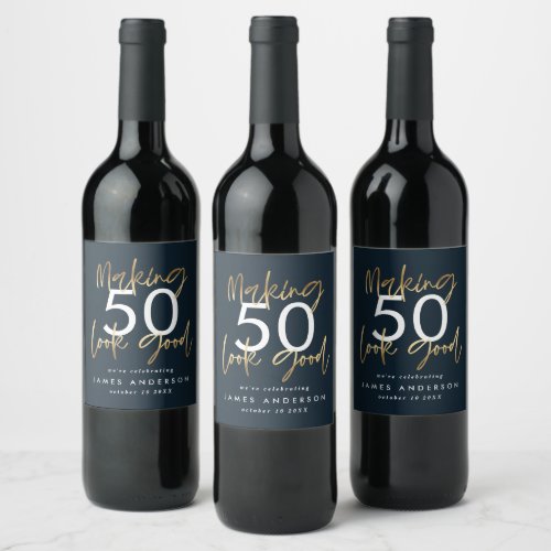 50th Birthday blue and gold simple elegant modern Wine Label