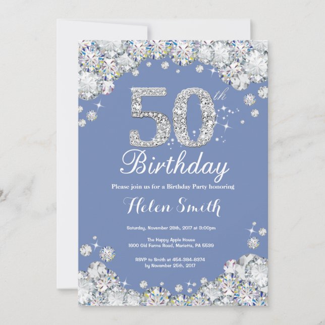 50th Birthday Blue and Silver Diamond Invitation (Front)
