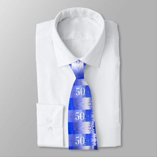 50th Birthday Blue and Silver Metallic Look Neck Tie (Tied)